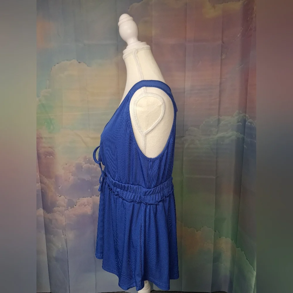 SHEIN Blue Tie Front V Neck Ribbed Peplum Tank Top - Picture 2 of 4
